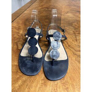 Jack Rogers Women's 11 Worth Slip-On T-Strap Navy Blue Leather Sandals Flats